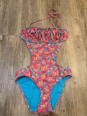 VM Kids Floral Cutout One-Piece Swimsuit - Pink, Coral & Blue
